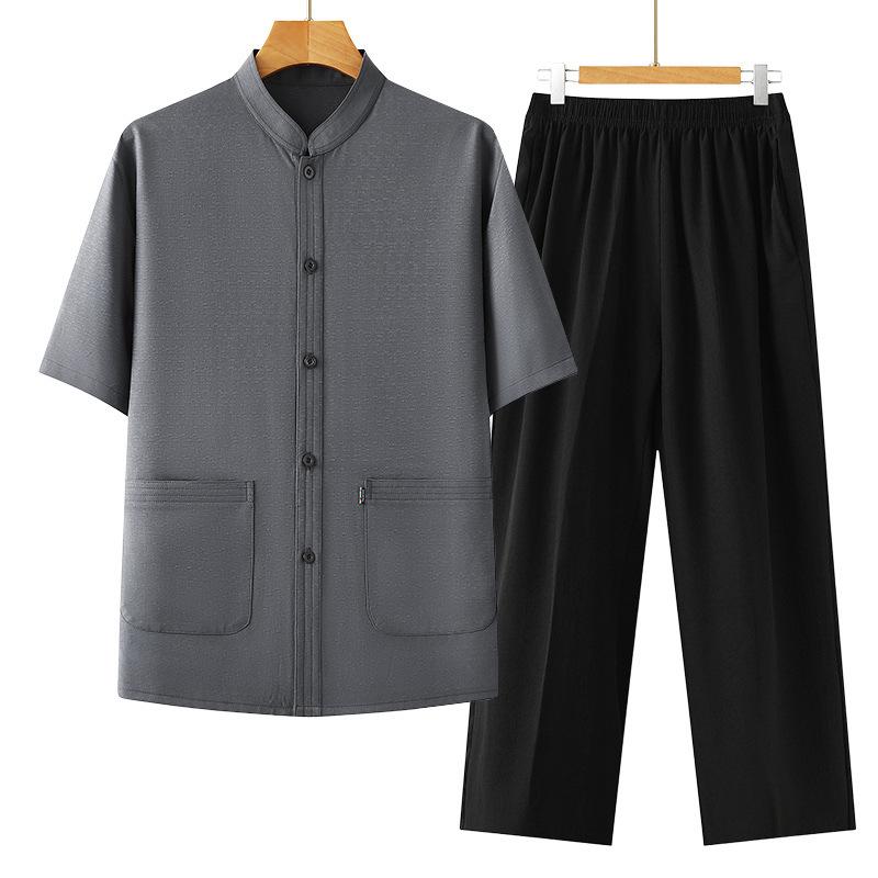 Middle-aged Men's Short-sleeved T-shirt Grandpa Tang Suit Sweatshirt Summer Cardigan Top Suit Dad Old Man's Shirt Two-piece Set