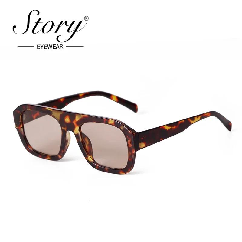 STORY Fashion Flat Top Large Square Sunglasses Women Men New Designer Trendy Leopard Blue Lens Oversize Sun Glasses S3917