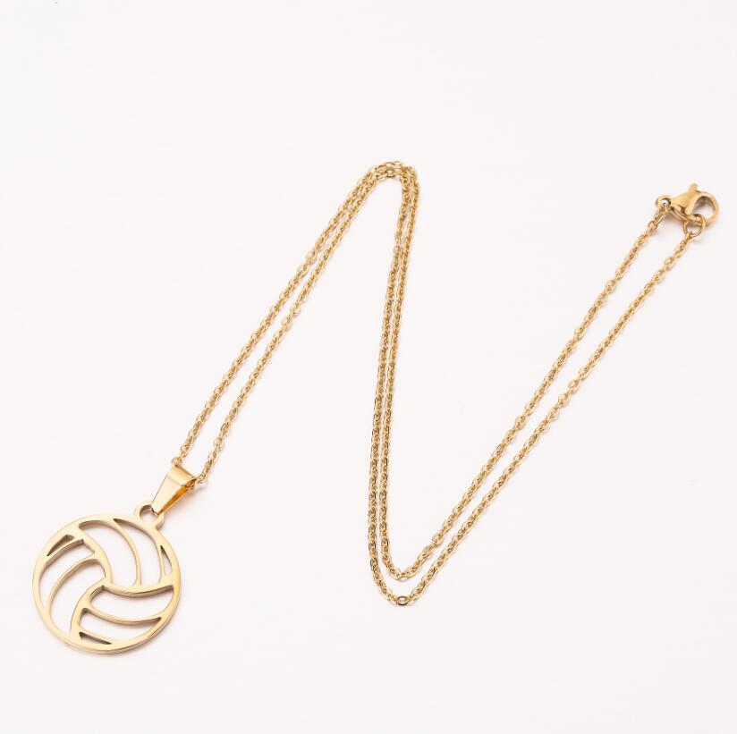 European-American Sports Series Volleyball Necklace: Stainless Steel Hollow Round Pendant Clavicle Chain