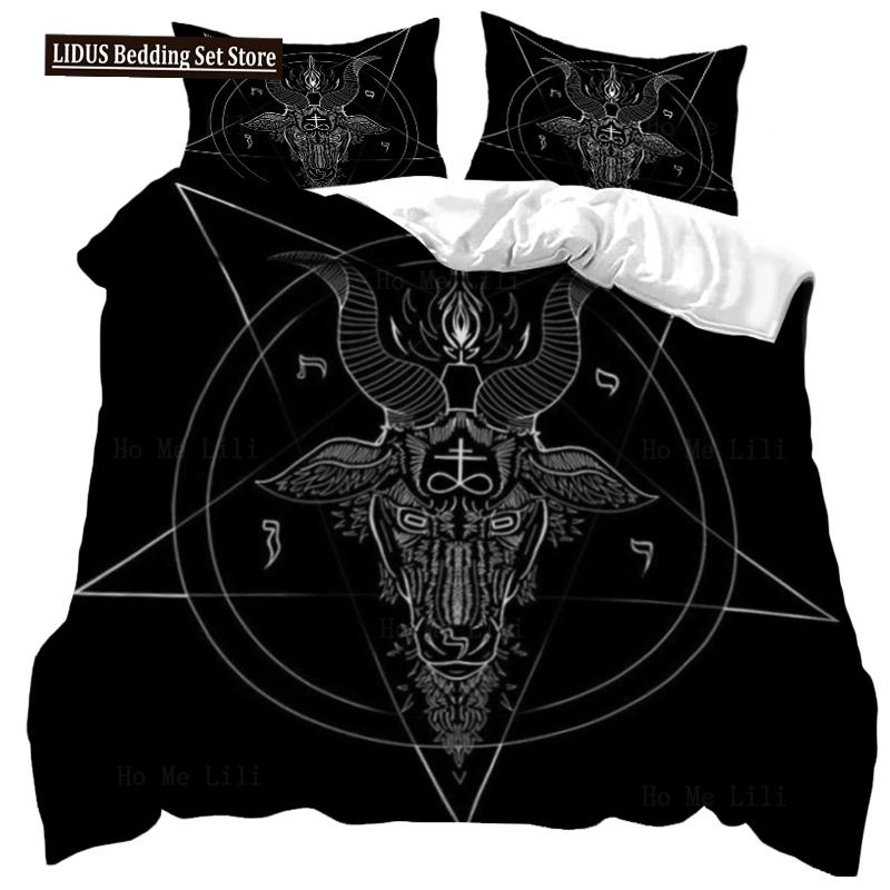 Dark Satanic Duvet Cover Set Satan Goat Inverted Pentagram Skull Bedding Set Full King Size Bed Set Bedroom Comforter Cover Set