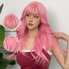 Light Pink Long Wavy Cosplay Synthetic Hair Wigs with Bangs for White Women Afro Lolita Water Wave Halloween Heat Reisitant Wig