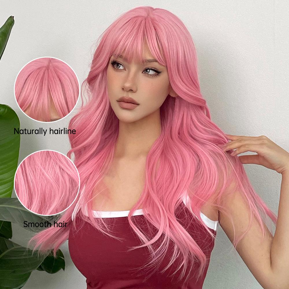 Light Pink Long Wavy Cosplay Synthetic Hair Wigs with Bangs for White Women Afro Lolita Water Wave Halloween Heat Reisitant Wig