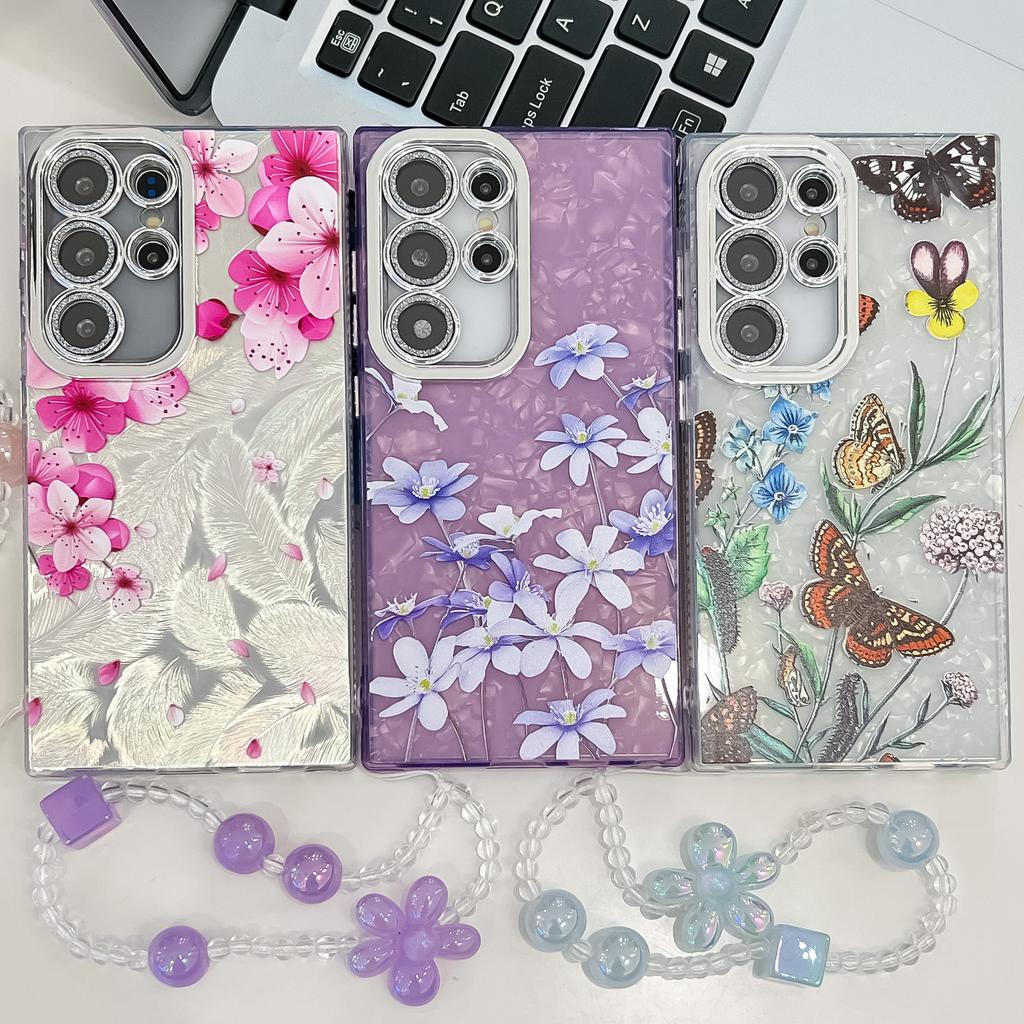 Suitable for Samsung S25 Ultra Mobile Phone Case Electroplated Flower and Grass S24FE with Bracelet Flash Powder Lens Film A56 Protective Case