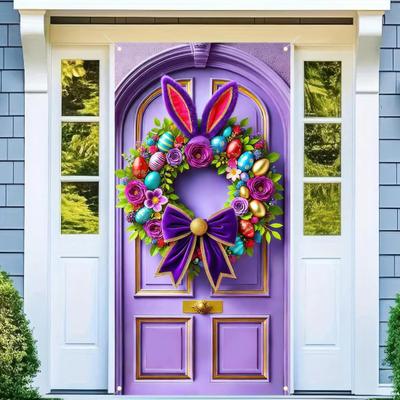 Yousheng Easter Door Banner Spring Bunny Carrot Eggs Porch Sign Large Front Door Wall Backdrop for Indoor Outdoor Spring Party Decoration Photo Booth