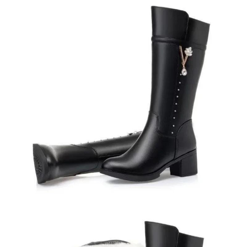 Women's Boots Autumn and Winter Wool Warm Thick Heels Fashion New Knee High Boots Leather Round Toe High Heel Women's Boots New