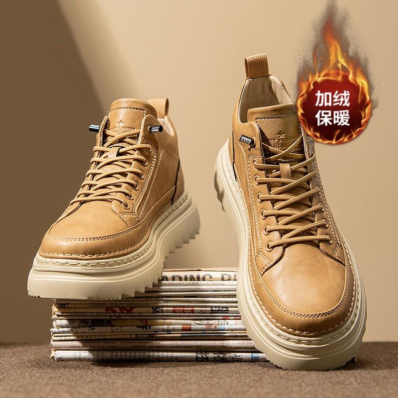 Autumn and winter mid-top Martin boots soft-soled British leather shoes winter velvet cotton shoes platform boots
