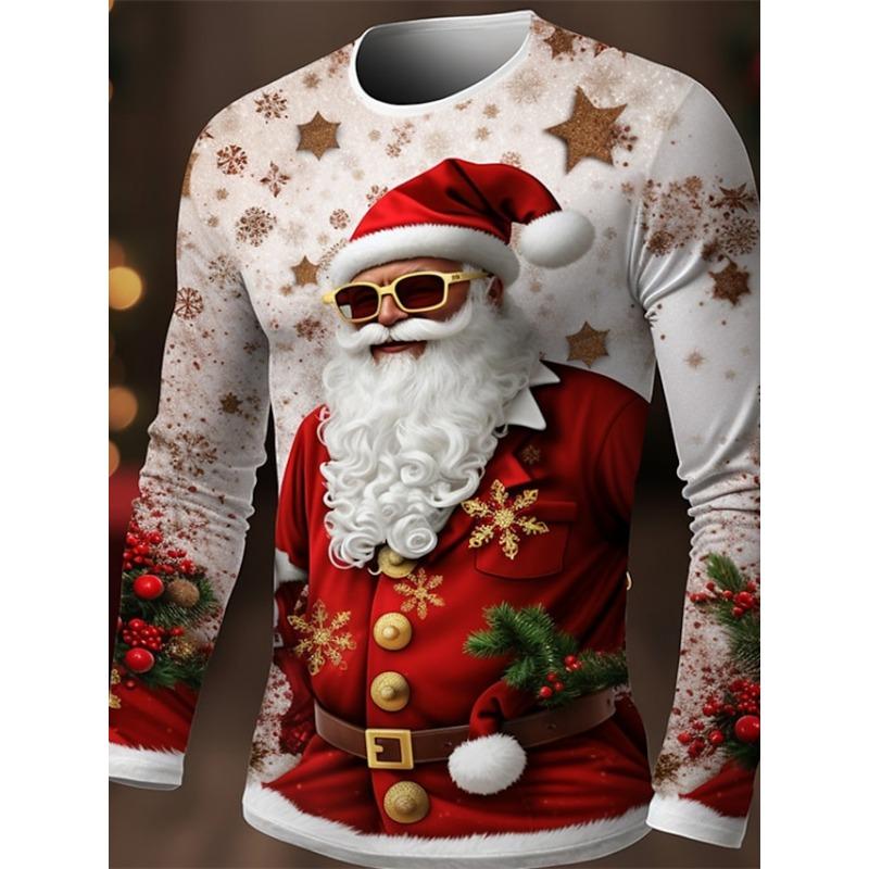 Christmas T-shirts For Men Shirts Tree Snowflake Graphic T-Shirt Cotton O Neck Oversized Long Sleeve Tops Streetwear Men's Shirt
