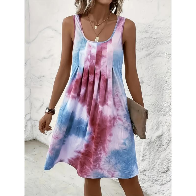 

Spring/Summer New Sleeveless Tie Dye Printed Fashion Dress Loose Pleated Elegant A-line Party Short Dresses Casual Simple Sumdress 3XL темно-червоний колір