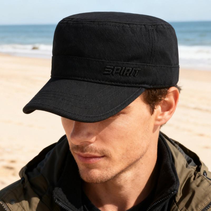 Mens Allseason Flat Top Cotton Hat With Embroidered Letters For Casual Sun Protection
