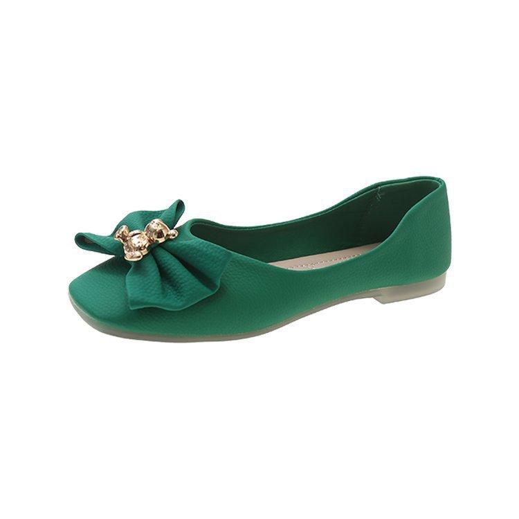 Summer New Square Head Shallow Mouth Shoes Bow Bear Metal Buckle Soft Sole Shoes Flat Shoes