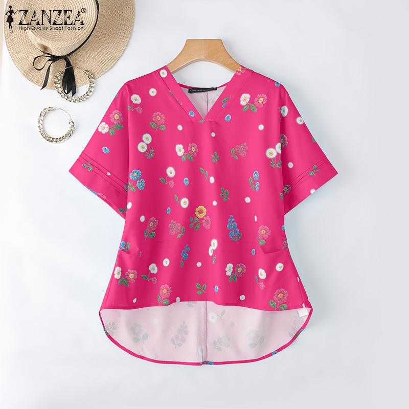 ZANZEA Women Summer V-Neck Casual Short Sleeve Irregular Floral Print Blouse