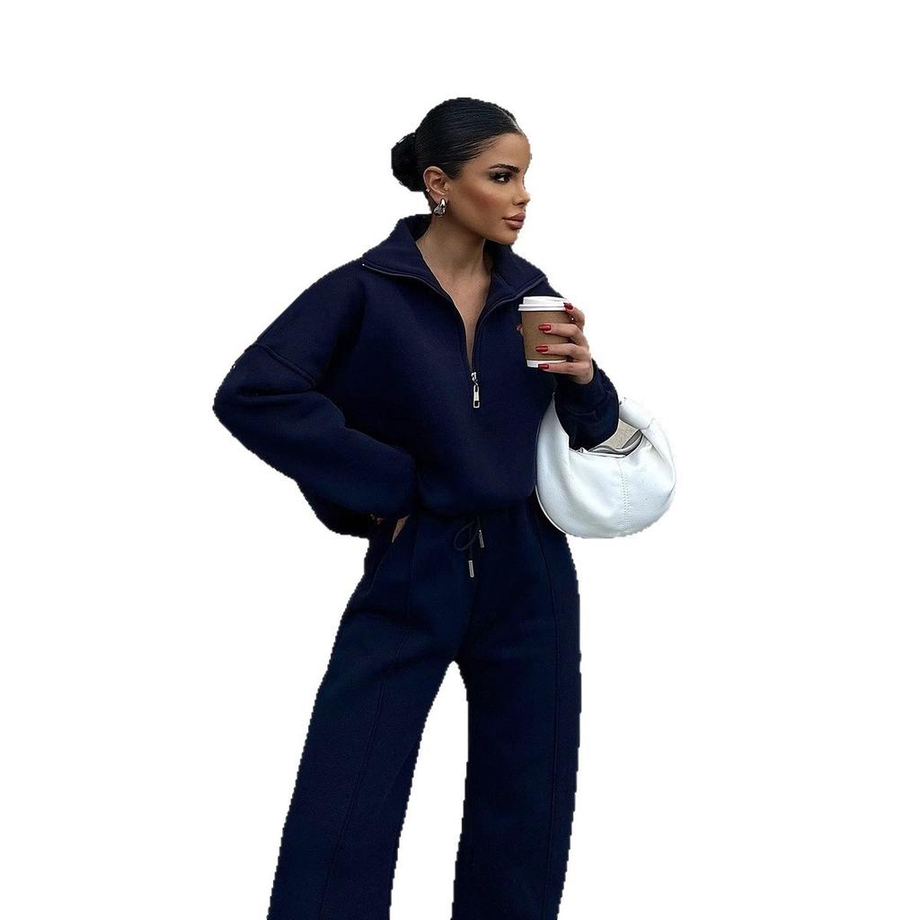 Graues Kapuzen-Sweatshirt mit Reißverschluss und weitem Hosenanzug