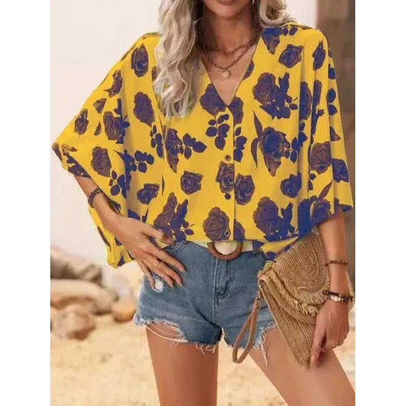 

European and American Women clothes Summer Bat Sleeve Shirts V-neck Cardigan Print Half Sleeve Top Bat Sleeve Shirt Yellow L