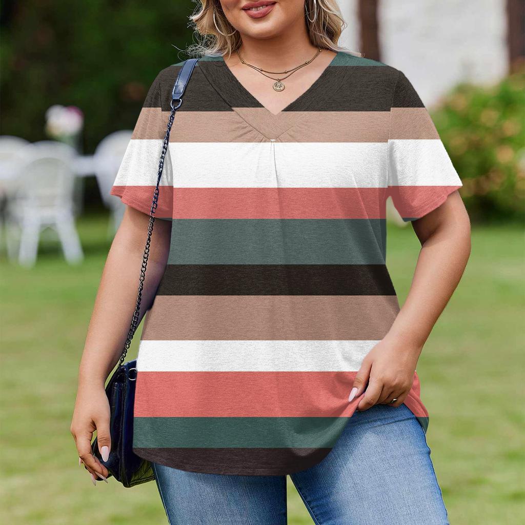Women's Plus Size Fashionable Casual Loose-Fit Short Sleeve Elegant V Neck Blouse For Work