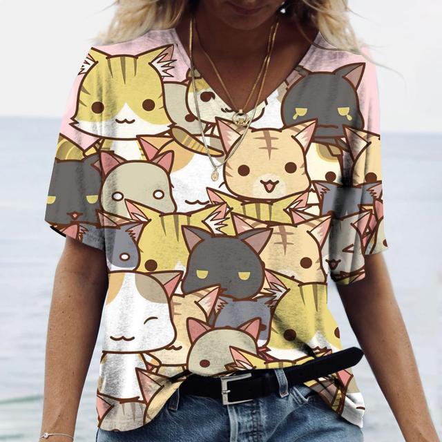 Women Cat Print Women's T-Shirt Oversized T-Shirt Top Women Clothing Design Plus Size V Neck Tee Casual