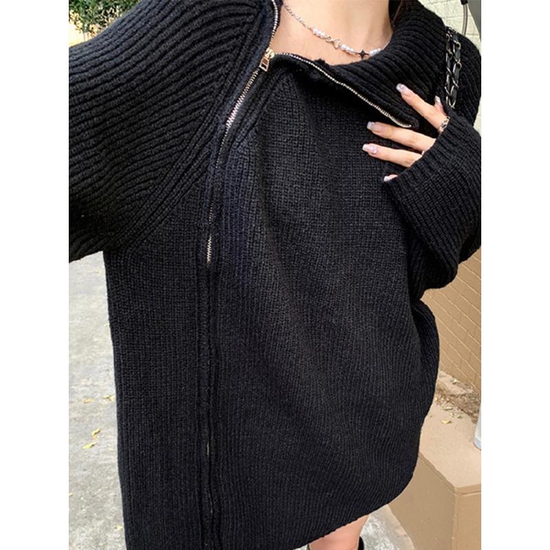 Lazy Style High Neck Zipper Solid Color High-end Knitted Sweater for Outerwear, Loose Long Sleeved Warm Top for Outerwear