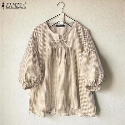 Blusas femininas de verão com decote em V e manga 3/4 xadrez