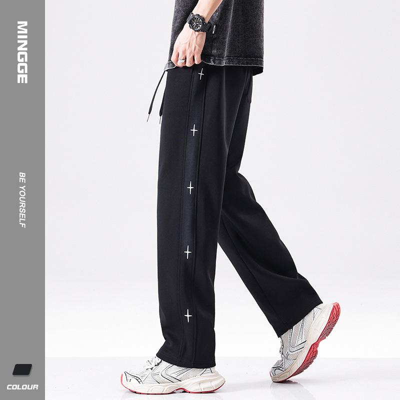 Minger | Spring New Cross Embroidery Heavy Sweatpants Men's American Trend Brand Loose Wide Leg Straight Pants