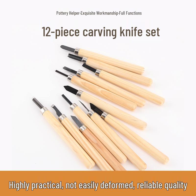 12-Piece Ceramic Wood Carving & Sculpture Tool Set with Handmade Rubber Stamp Knives and Sharpening Stone