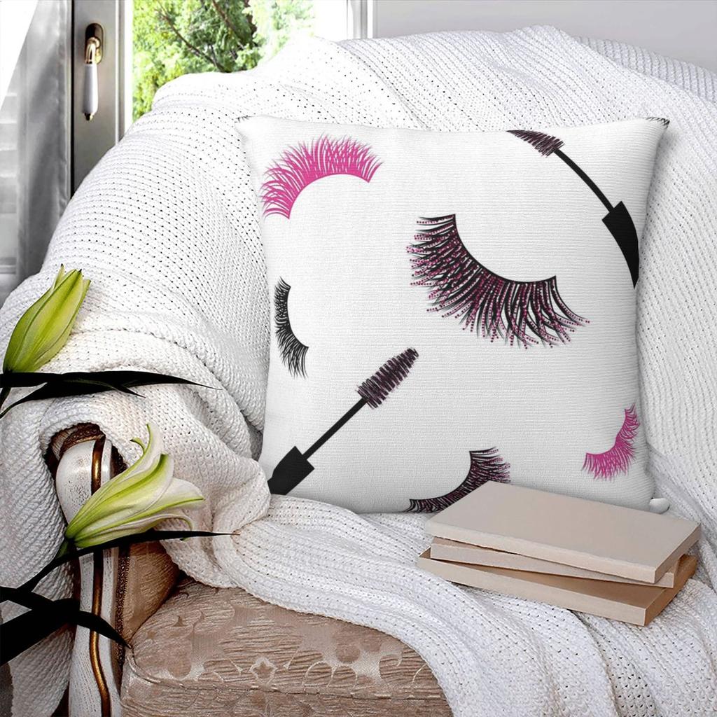 Lashes And Mascara With Pink Glitter Pattern Square Pillowcase Pillow Cover Cushion Zip Decorative Throw Pillow for Home Bedroom