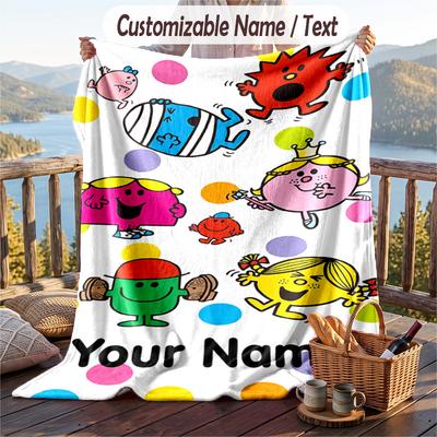 Mr. Men & Little Miss Flannel Blanket, Personalized Custom Name Text, Soft Warm Plush Throw Blanket For Gift