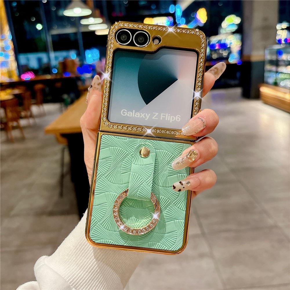 Leather Plating  Ring Phone Case For Samsung Galaxy Z Flip 7 6 Flip 5 Zflip 4 3 Bling Diamond Shockproof Cover Funda