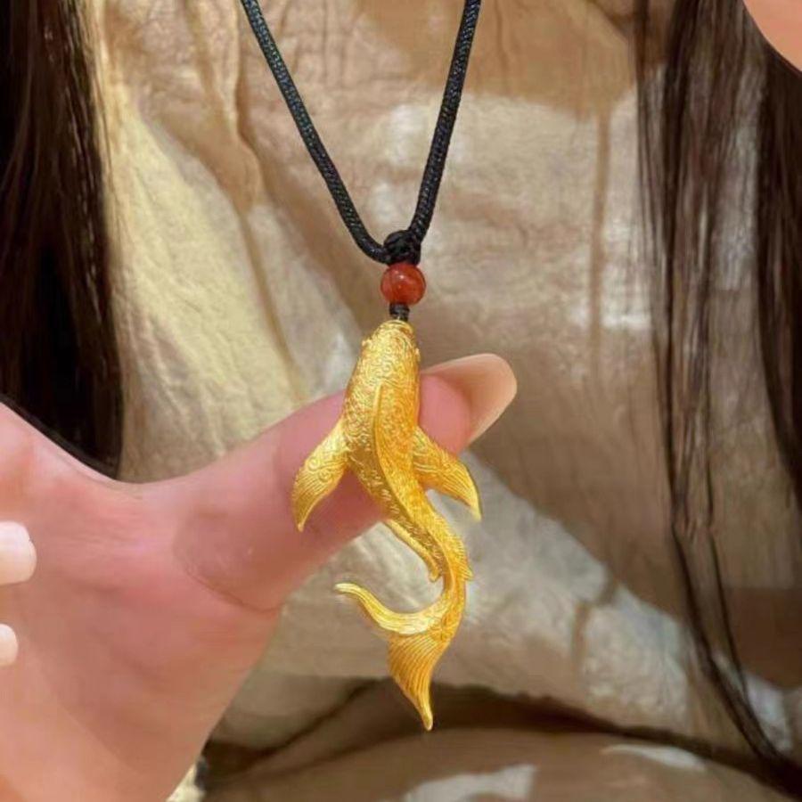 Ancient Style Vietnam Sand Gold Koi Necklace with Carved Begonia Pendant