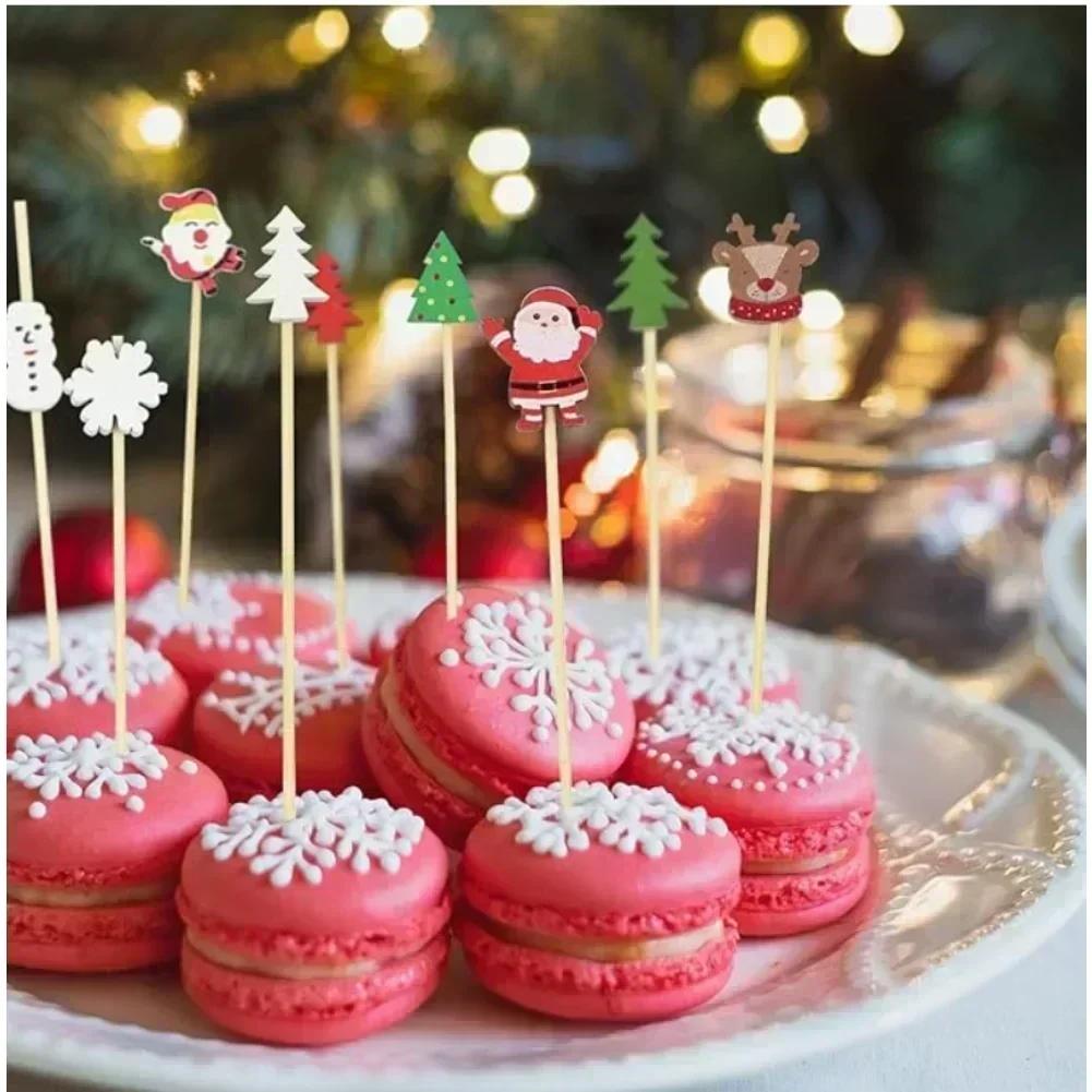 100PCS Christmas Cocktail Picks with Bambusa Material Featuring Tree Santa Snowman Reindeer and Snowflake Designs for Parties