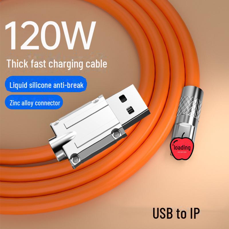 

Кабель для надшвидкої зарядки 120 Вт 6 А з роз’ємами зі сплаву цинку та силіконовим покриттям зі світлодіодним підсвічуванням 1.5 m, [Applicable to Apple] USB помаранчевий
