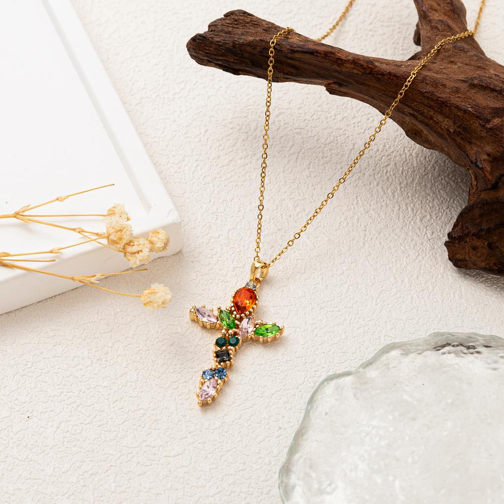 Fashionable and colorful zircon cross necklace with copper material gold-plated and color preserving