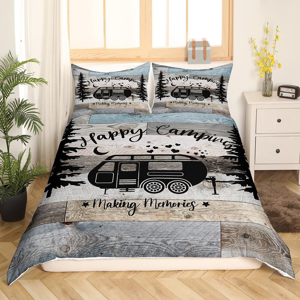Camping Bedding Set Twin King Full Size For Teens Adult Duvet Cover Happy Camping Comforter Cover 3 Pieces With 2 Pillowcase