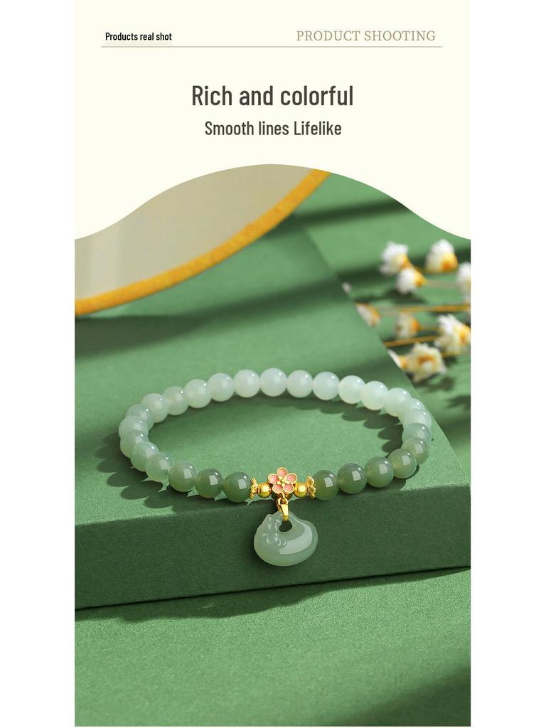 Gradient Green Ferris Wheel Jade & Enamel Flower Bracelet, Women’s S925 Sterling Silver, National Style