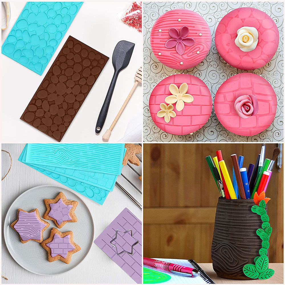 4Pcs Plastic Embossing Fondant Molds Set Icing Chocolate Cake Decorating Mould Brick Wood Cobble Pebble Stone Designs Baking