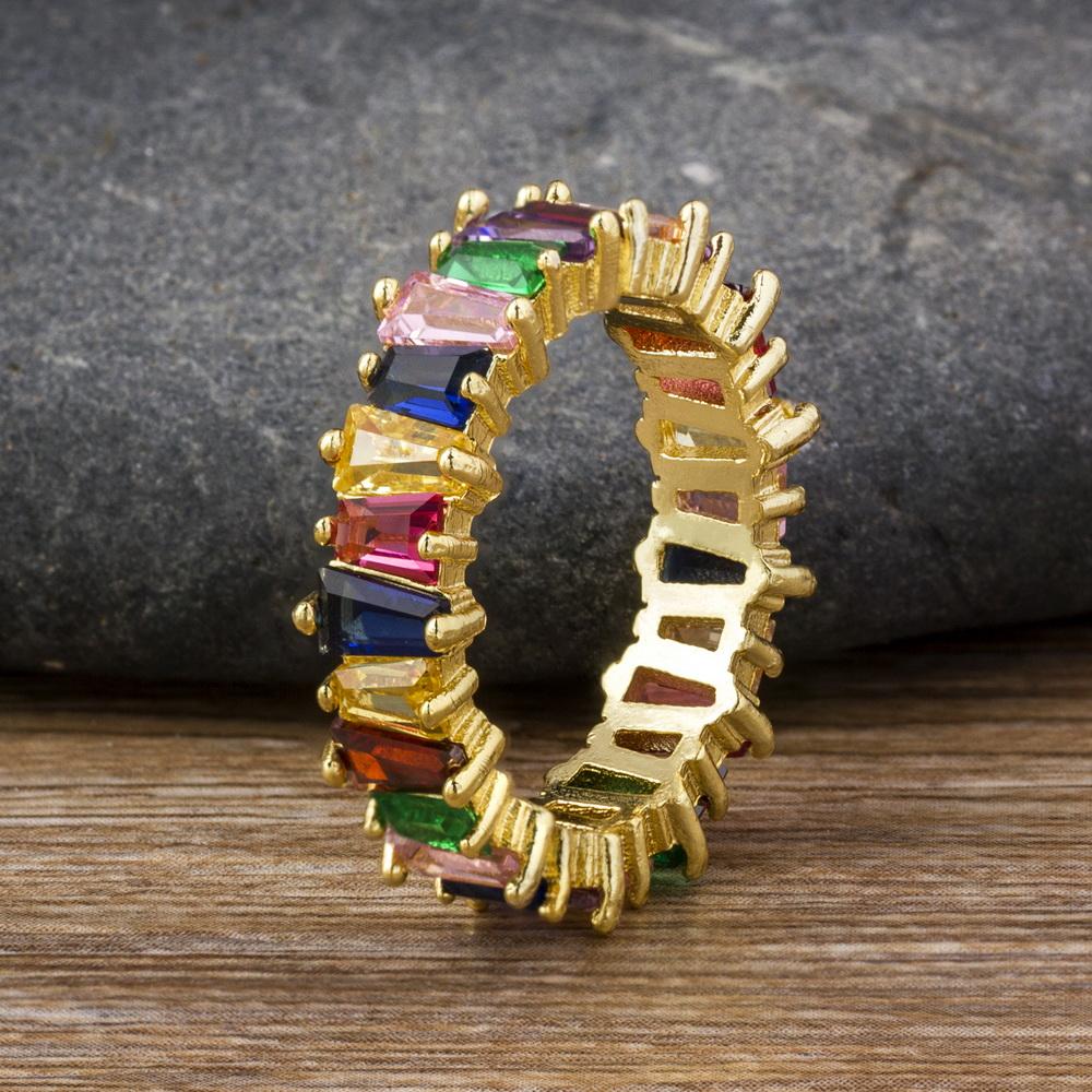 Nidin Thin Baguette Rainbow CZ Ring For Women Girls Fashion Engagement Wedding Band Top Quality Charm Finger Jewelry