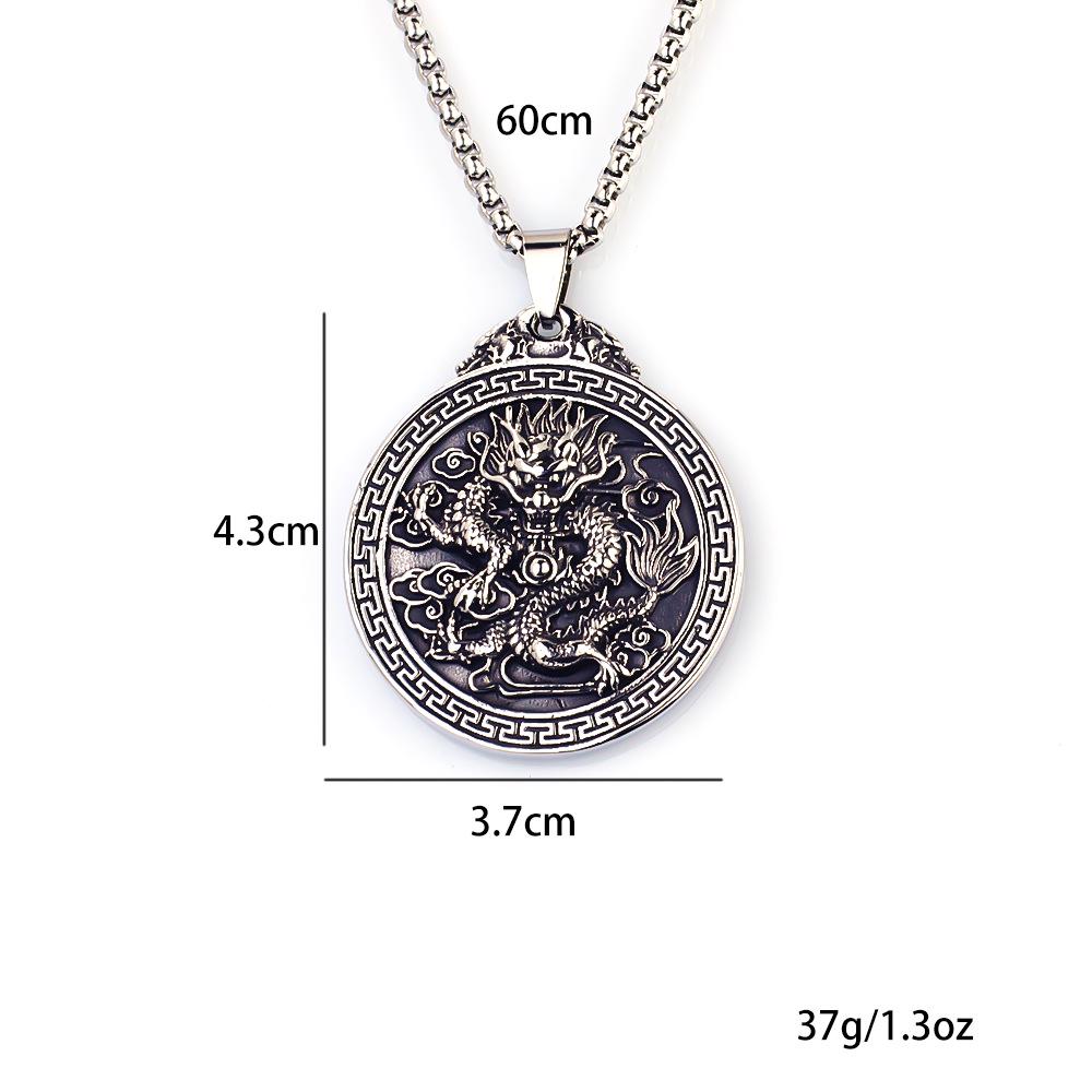 Hip Hop Chinese Dragon Embossed Round Pendant Necklace for Men and Women - Titanium Stainless Steel.