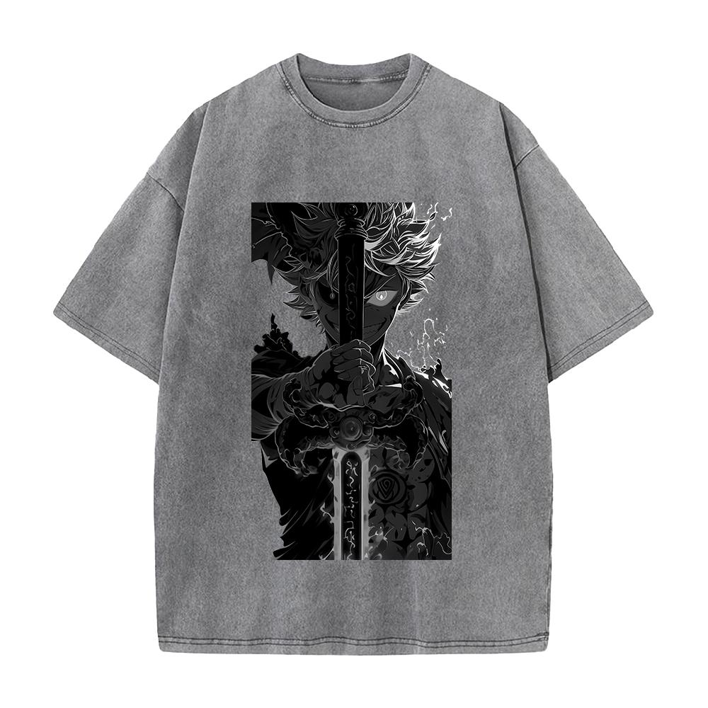 Hot Anime Black Clover Asta Print T-shirt Men Women Tshirts Short Sleeve Cotton Clothing Retro Washed T Shirt Harajuku Male Tops