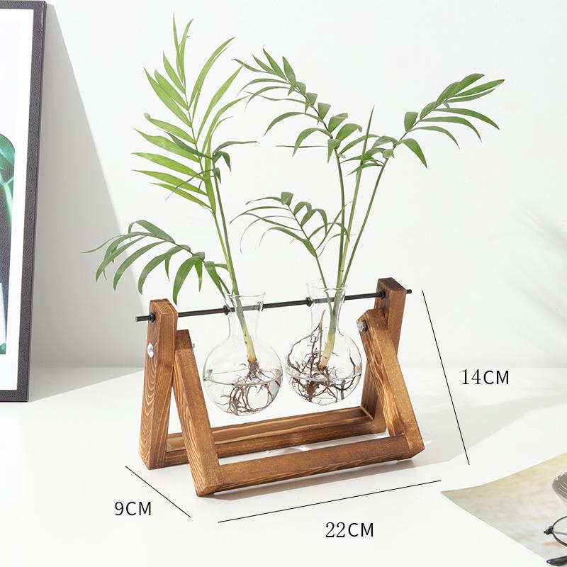 Creative Wooden Frame Hydroponic Glass Vase Ins Style Retro Green Ivy Plant Hydroponic Vessel Small Vase Desktop Decoration