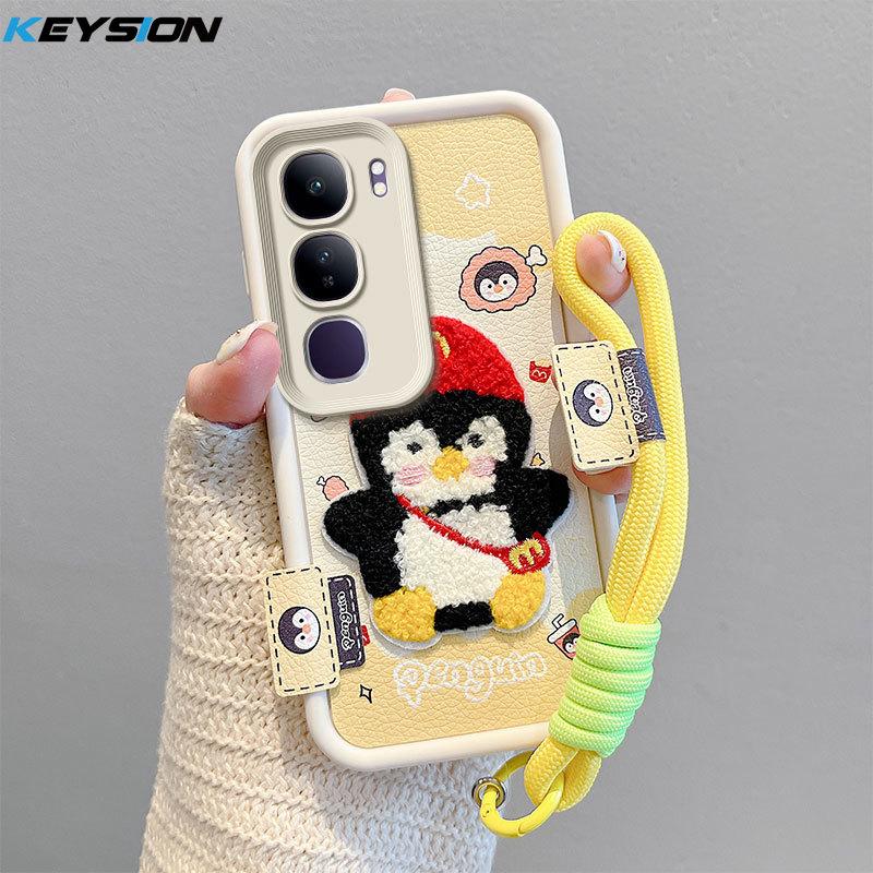 KEYSION Cartoon Cute Plush Embroidery Case for VIVO V40 Lite with Lanyard PU Leather Shockproof Phone Cover for VIVO Y200 5G Y19S
