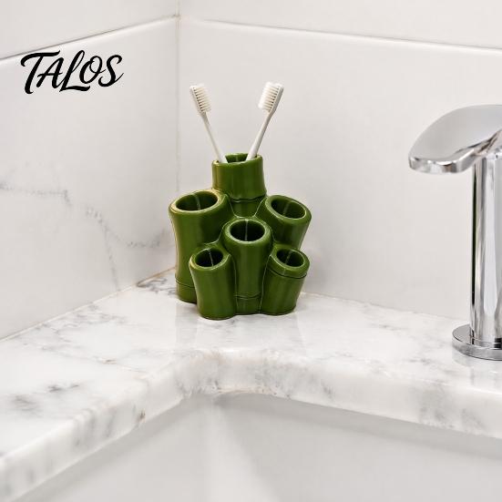 Modern Vanity Accessory Toothbrush Holder, Green Bamboo Shape, 6 Slot Storage Tongue Scraper Rack Organizer, for Bathroom Countertop Razors And Makeup