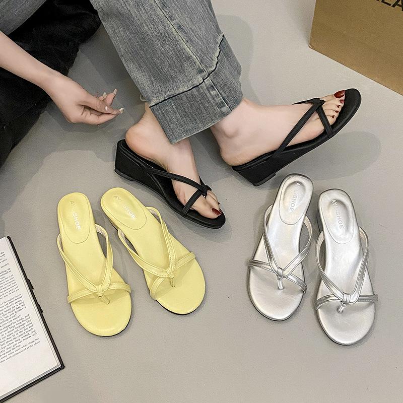 With Skirt Silver Toe Thick-soled Flip-flops Women's Summer Fashion Going Out On Vacation Slope Heel Cool Slippers