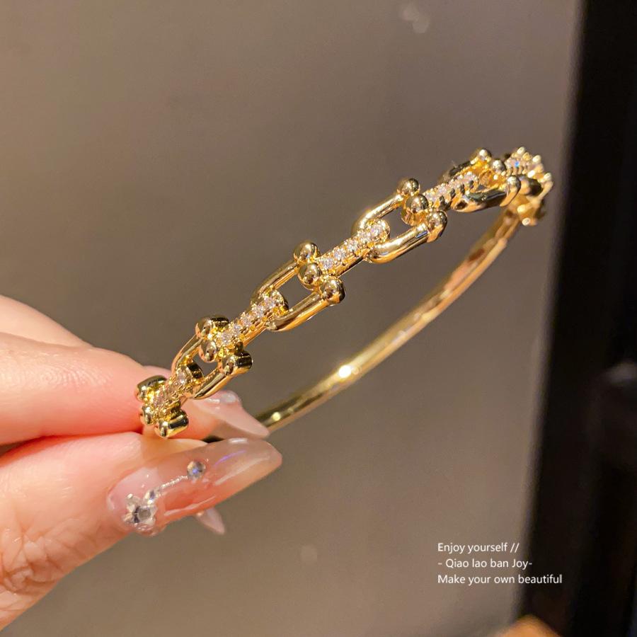 18K Gold Plated Zircon Letter Buckle Bracelet, Luxury Vintage Women's Bangle