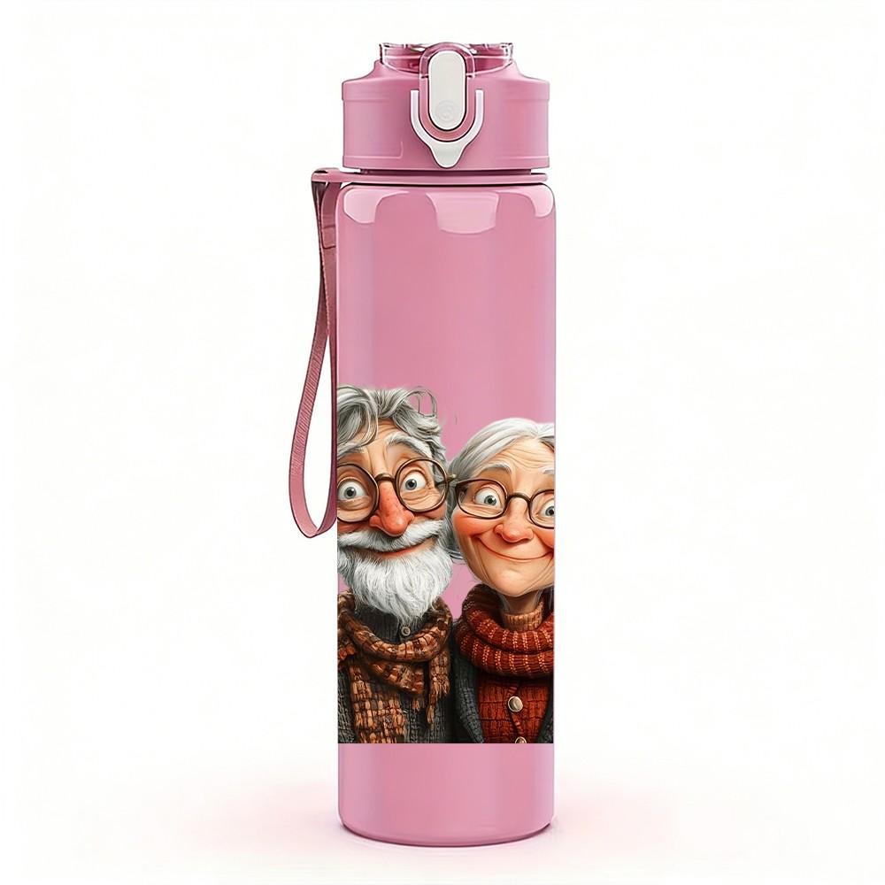 1PC Elderly Old Couple Portrait Pattern 750ml Color Plastic Sports Water Bottle Leakproof Flip Straw Lid Suitable for Sports Office Home Use