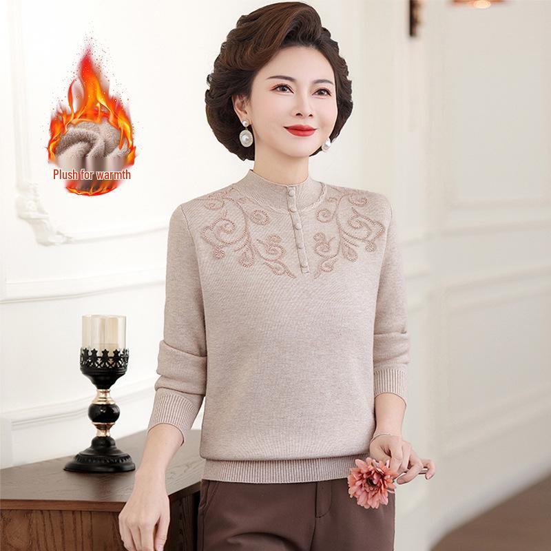 Mom's 2025 Autumn Chinese Style Sweater for Middle-Aged Women, Warm Velvet Knit, Age-Reducing for Winter/Autumn