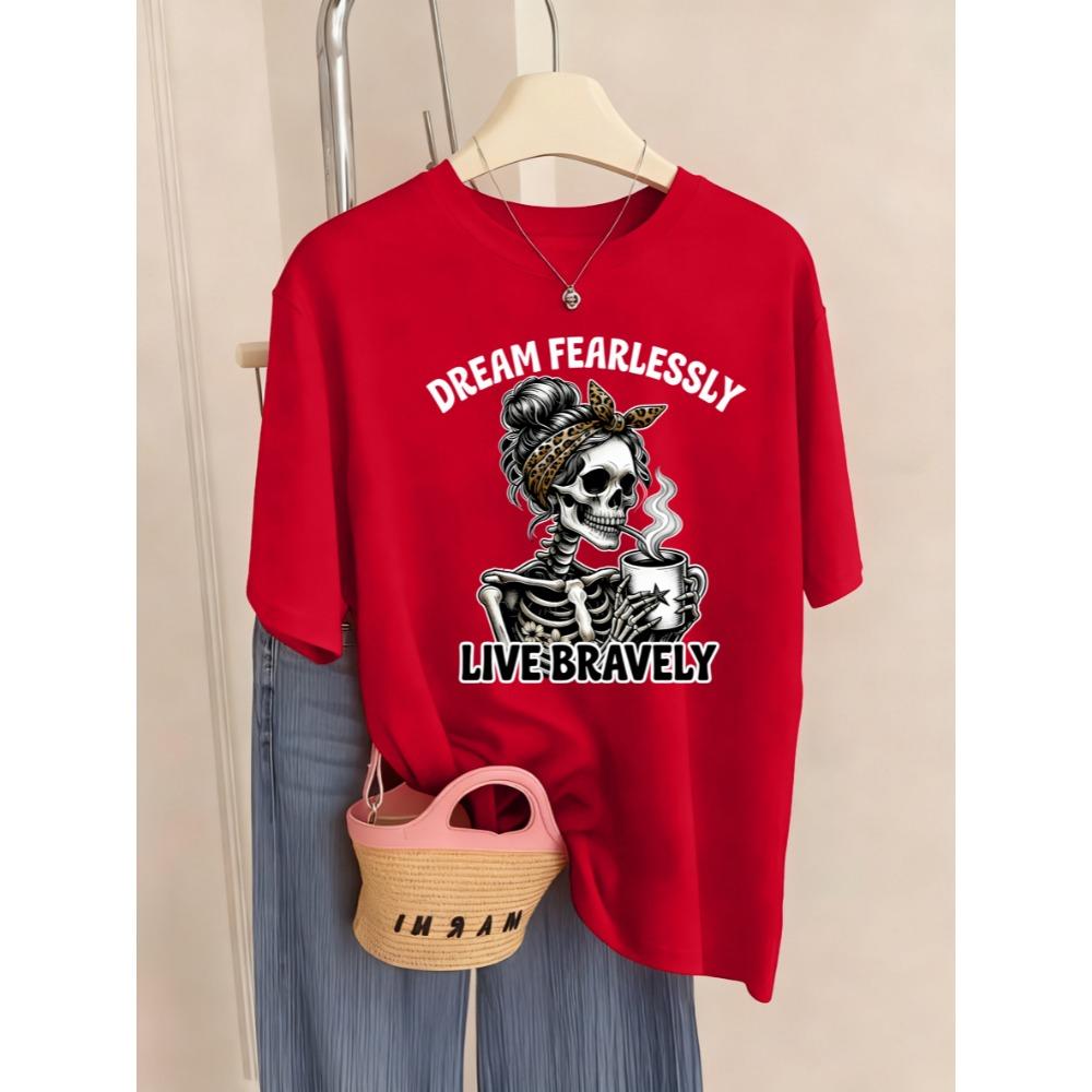 Dream Fearlessly Drink Skulls Print Women T-Shirt Breathable Jogging Short Sleeve Casual Y2K Streetwear  Shirt