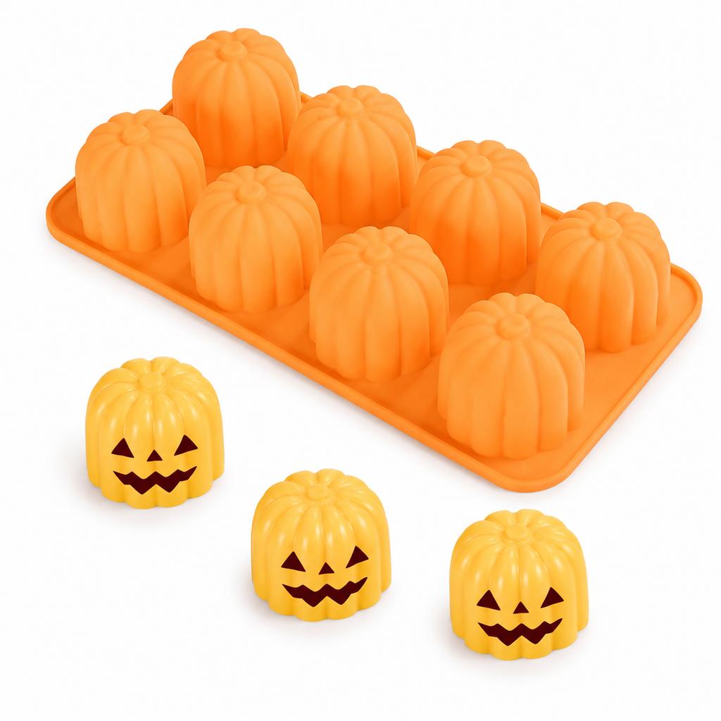 Halloween Pumpkin Silicone Mold, 8-Cavity Orange Baking Form for Cakes, Jelly, Chocolate and DIY Treats