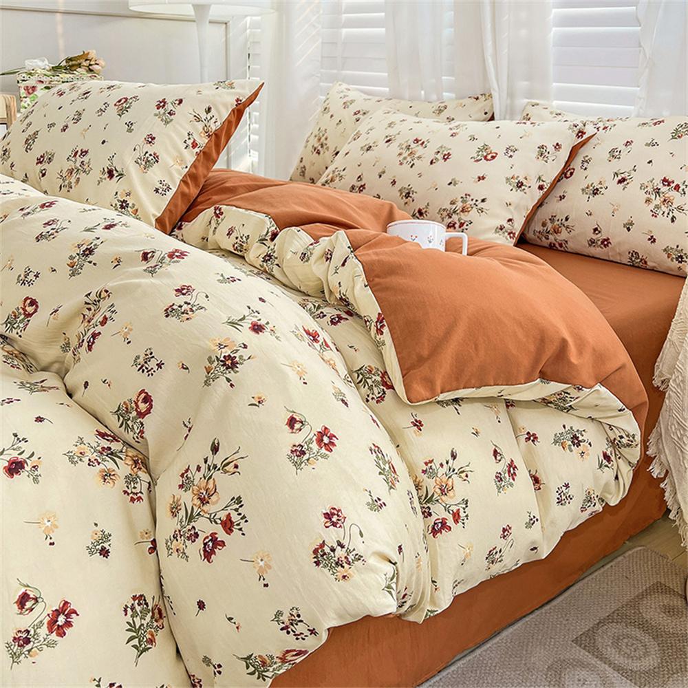 Four-piece Bedding Set Simple Duvet Cover Plant Flower Bed Sheet Adults and Kids Washed Cotton Pillowcase Home Textiles