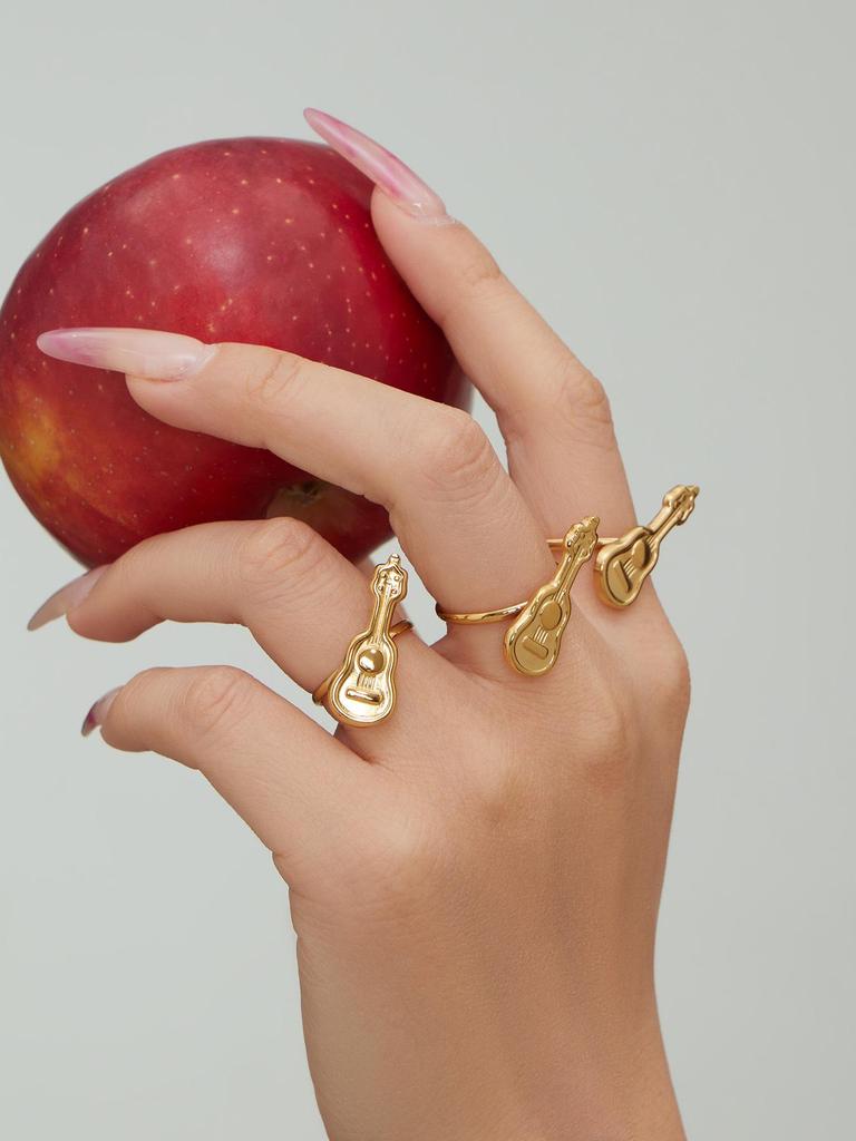18K Gold-Plated Stainless Steel Guitar Open Ring - Trendy College Style Accessory with Niche Design.
