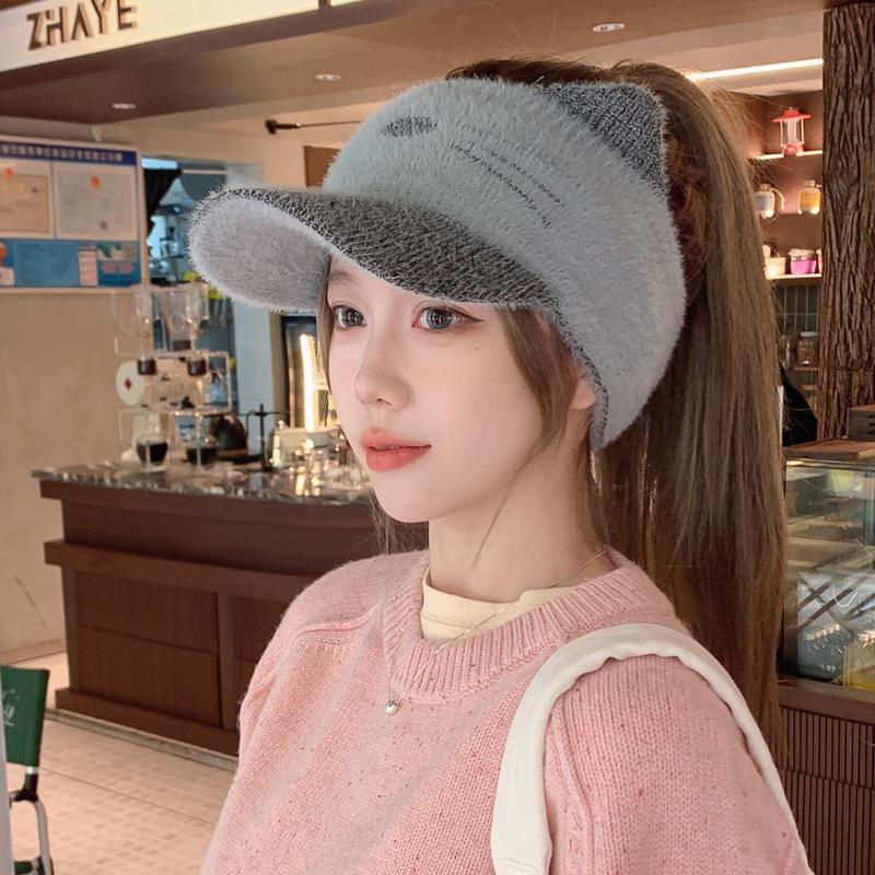Cute Cat Hat for Women In Autumn and Winter Knitted Wool Hat Korean Style Versatile Warm Imitation Mink Hair Empty Top Baseball Cap