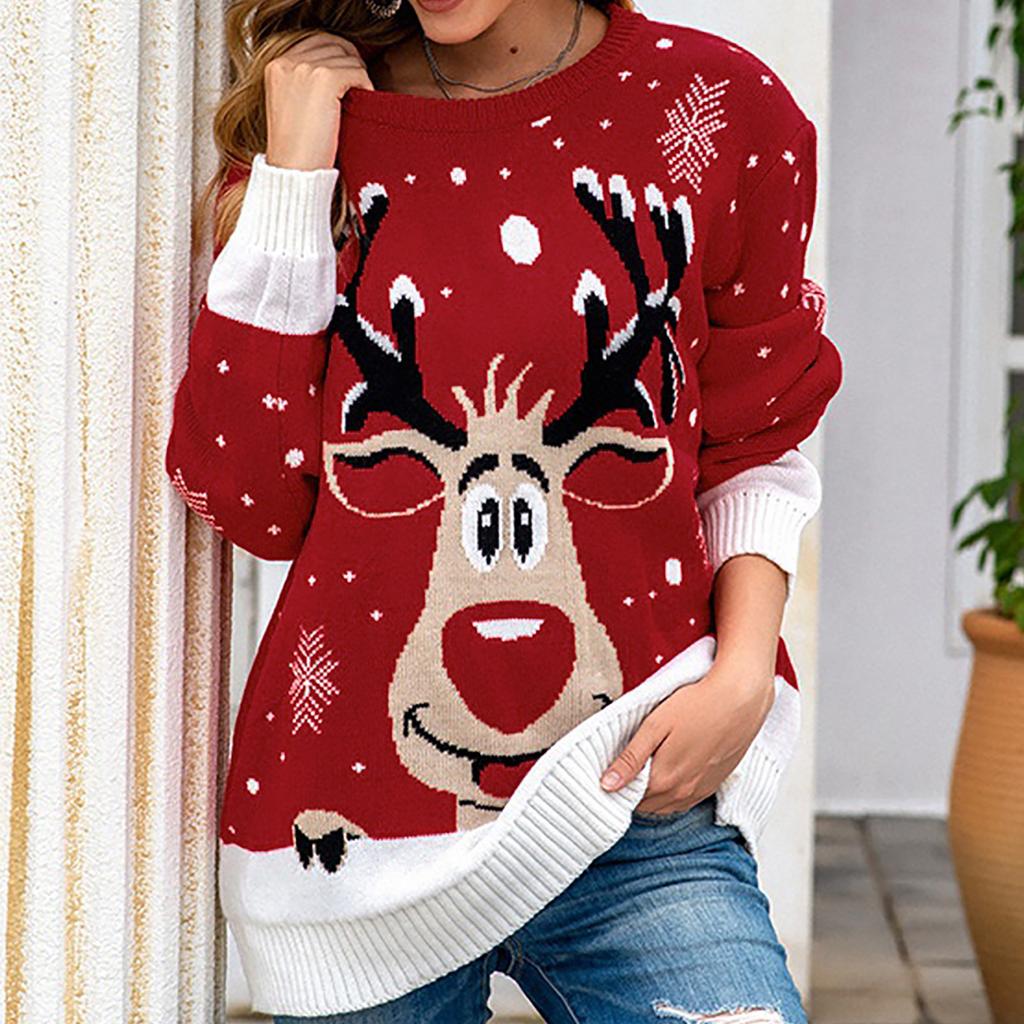 Women's Fashion Round Collar Christmas Long Sleeve Head Sweater Knitted Sweater