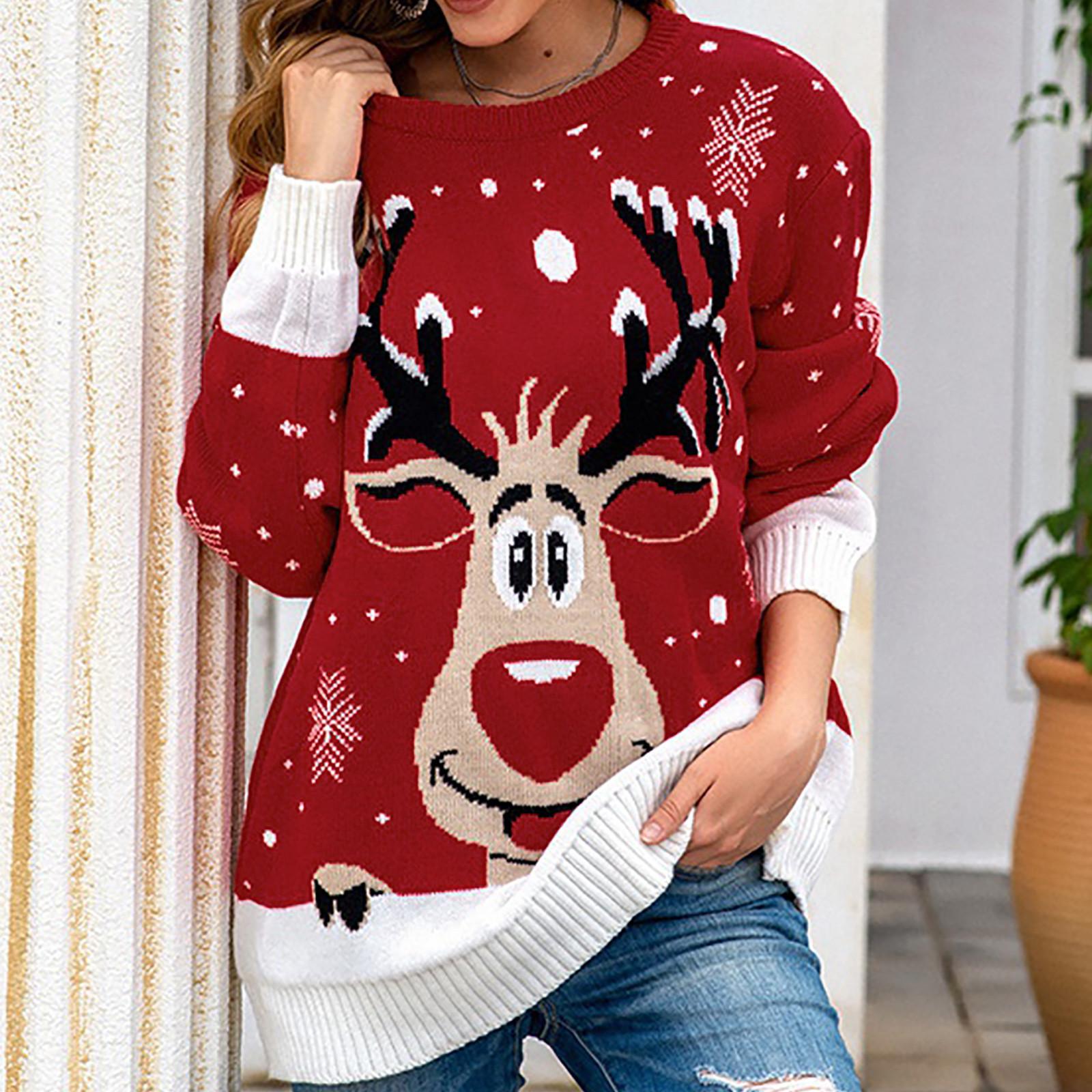 

Женская мода с круглым воротником, рождественский свитер с длинным рукавом, вязаный свитер M красный